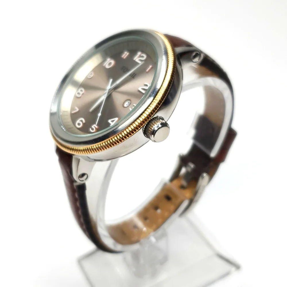 Fossil Watch AM-4304 Silver Gold Watch Brown Leather Band